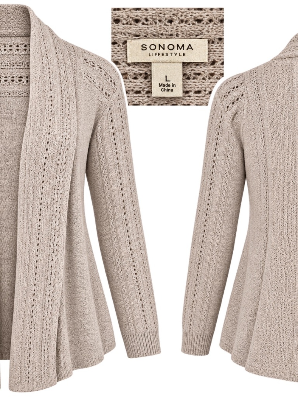 Sonoma Lifestyle Beige Open Front Knit Cardigan Size L